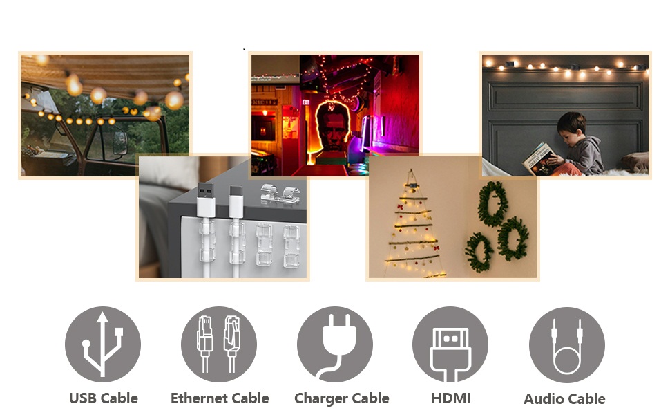 Adhesive Cable Clips, Upgraded Wall Wire Clips for Cable Management, Strong Cord Clips Wire Holders for Wall, Under Desk, Diwali Lights Clips, Car, Electric Wires Hooks (Clear) (Pack of 60)