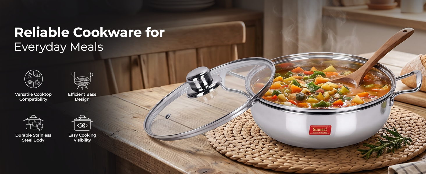 Sumeet Stainless Steel Induction Bottom (Encapsulated) Kadhai with Glass Lid Size No.14 (3 L, 25.2 x 25.2 x 8.6 Cm)