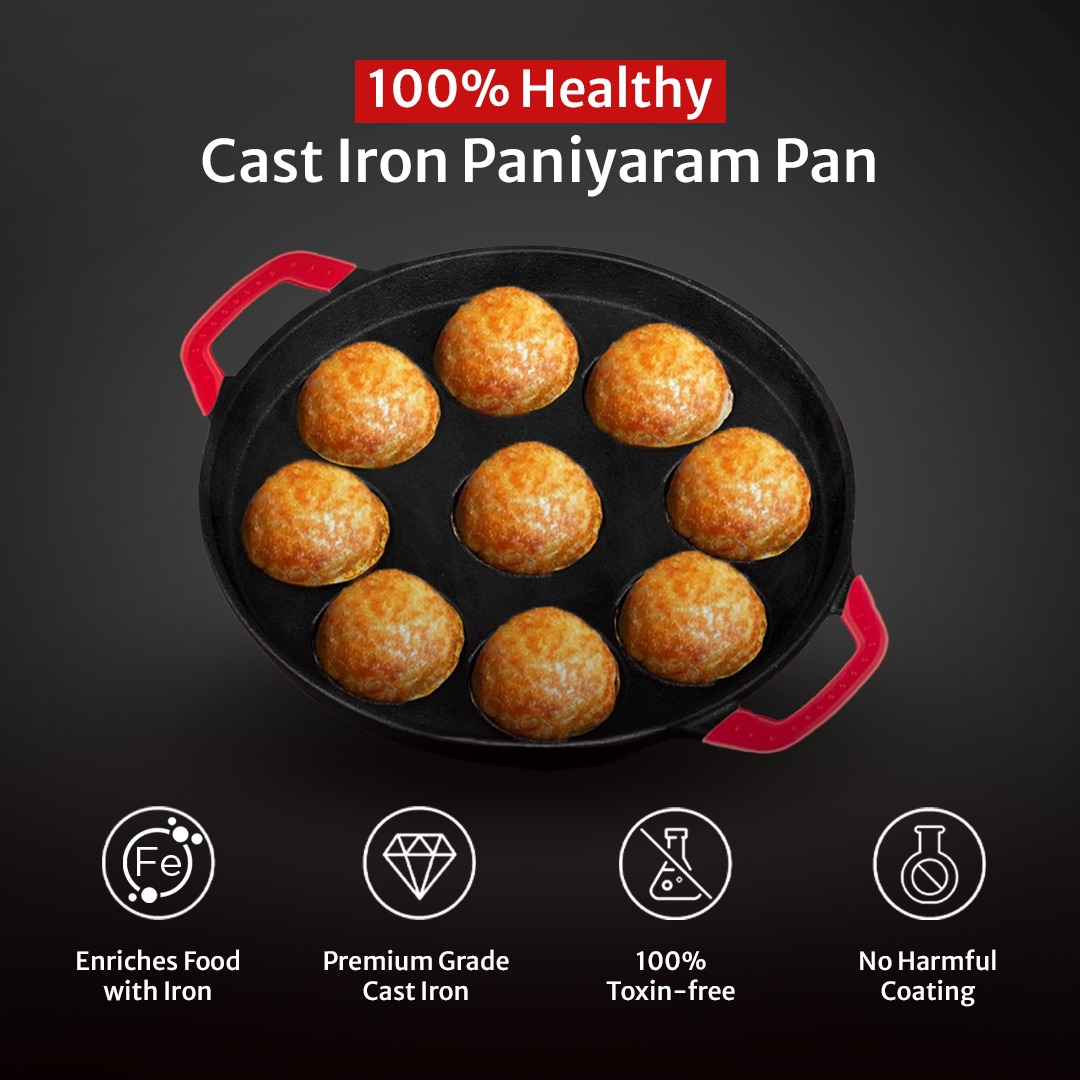 Pigeon Imperi Cast Iron Paniyaram/Appe Pan, 9 Pits, Free Silicone Grips, Pre-Seasoned,100% Toxin-Free, Naturally Nonstick, Paniyarakkal, Appam Patra, Paddu Maker,Strong & Durable, Gas & Induction