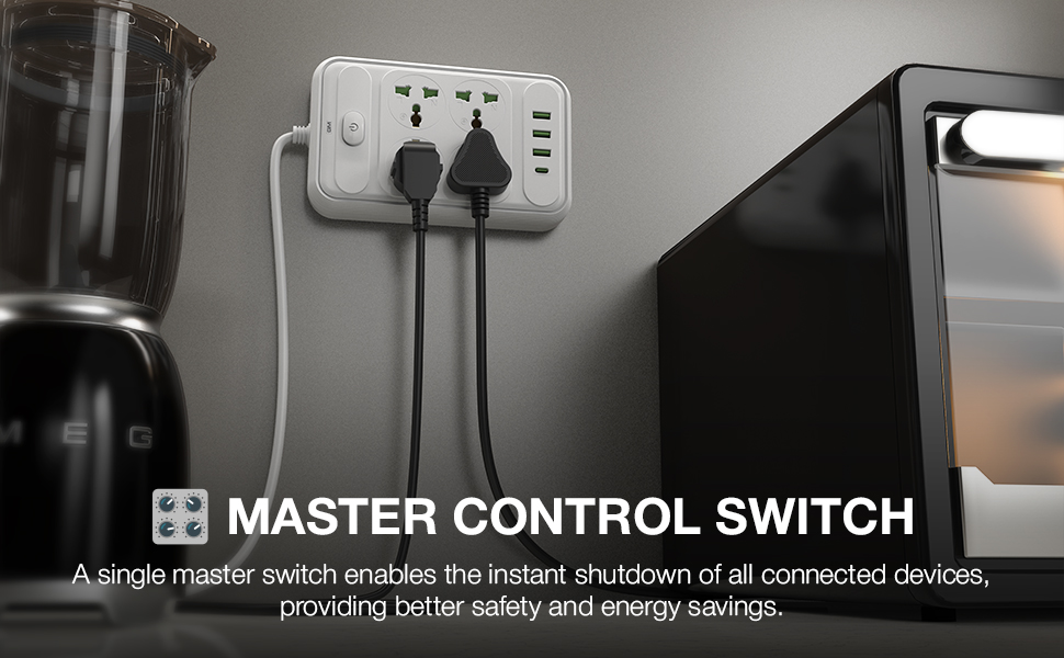 GM G+ ConnectX 6-in-1 Powerstrip with Type-C, 4 Universal Sockets, 3 USB, 2500W, 2M Cable, Master Switch, Surge Protection | Extension Board for Home & Office