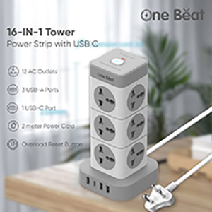 One Beat Tower Extension Boards with USB Port with Universal Sockets and Charging Ports with Indicatori Plug Socket (12 Socket + 3 USB + 1 Type C), 250 Volts, White