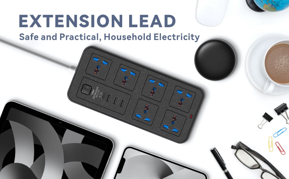 KRESHU High Power Strip with 6 AC Sockets | 3 USB, 1 Type-C Port 6FT Extension Sockets Cord Protector Charging Electrical Power Button Heavy Duty Support for Home/Office/Kitchen/PC (Black, Pack of 1)