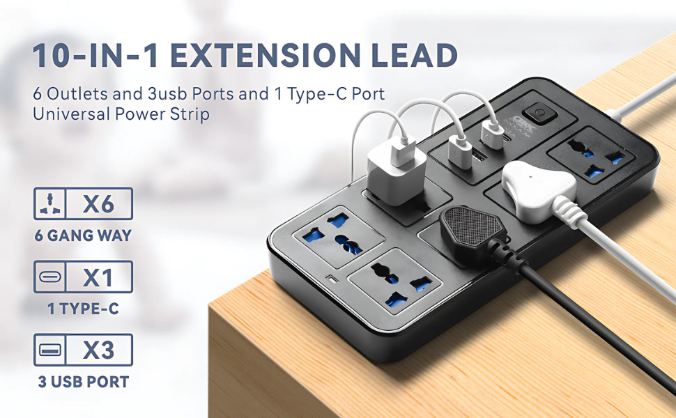 KRESHU High Power Strip with 6 AC Sockets | 3 USB, 1 Type-C Port 6FT Extension Sockets Cord Protector Charging Electrical Power Button Heavy Duty Support for Home/Office/Kitchen/PC (Black, Pack of 1)
