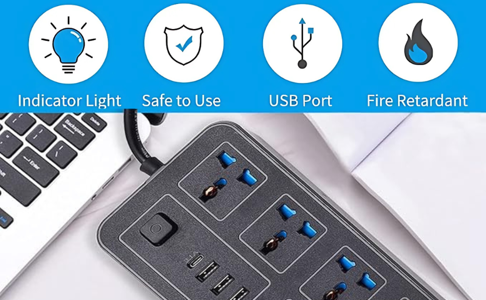 KRESHU High Power Strip with 6 AC Sockets | 3 USB, 1 Type-C Port 6FT Extension Sockets Cord Protector Charging Electrical Power Button Heavy Duty Support for Home/Office/Kitchen/PC (Black, Pack of 1)