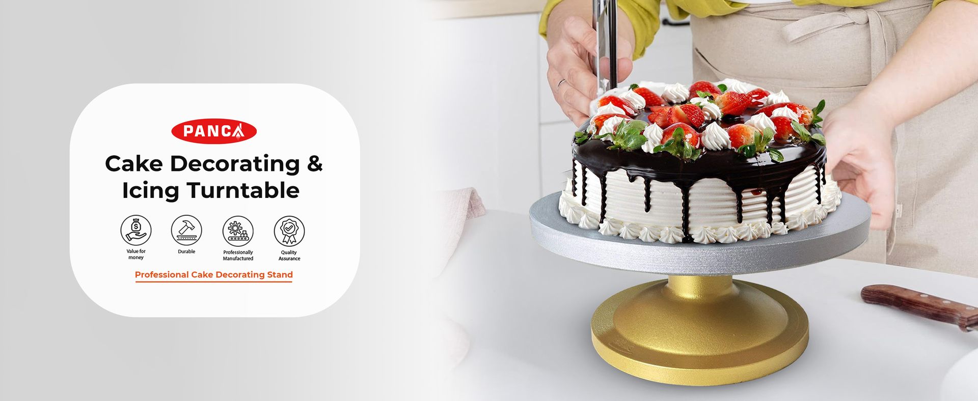 PANCA Cake Decorating & Icing Turntable | Signature Edition 12-Inch 360° Rotating Cake Stand for Baking & Serving | Fiber Cake Turntable with Silver Top & Golden Base | Professional Cake Decorating Stand