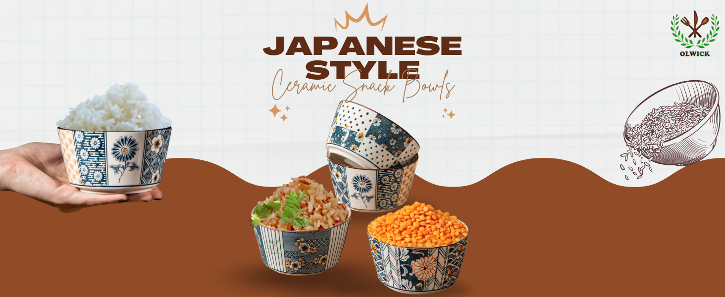 Japanese Style Ceramic Snack Bowls-400ml, Handcrafted Floral & Geometric Patterns, Set of 4, (Random)