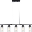 39.4" Kitchen Island Lighting, 5 Lights Clear Glass Pendant Light Fixtue, Black Linear Metal Chandelier for Dining&Living Room Foyer,Height Adjustable,E26 Socket