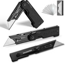 WORKPRO 3-Pack Folding Utility Knife Set, G10 Handle Box Cutter with 10 Extra SK5 Blades, Quick-Change Razor Knife with Belt Clip, EDC Utility Knife for DIY, Office, Home, Arts & Crafts – Black
