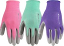 Wells Lamont Gardening Gloves for Women – Breathable Polyester, Seamless Fit – PU-Coated Palm for Grip & Durability – Elastic Wrist – Pink/Green/Purple, Medium, Pack of 3 (413MF)