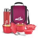 Kotak Makan siang MILTON Pro dengan Penyangga Besi, 3 Microwave Safe Inner Steel Container (180 ml, 320 ml, 450 ml), Chutney Dabba, 100 ml, Bottle, 750 ml dengan Insulated Bag, Kantor Tiffin, Maroon