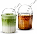 Layhit 2 Pcs Glass Cups with Dome Lid and Straw 15 oz Iced Glass Matcha Cup Aesthetic Coffee Cup Cute Drinking Glassware for Juice, Beverage, Milk, Bubble Tea, Cocktails