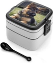 German Shepherd Puppy Bento Box Adult Lunch Box All-in-One Lunch Containers with Removable Compartments Double Layer Bento Lunch Box with Spoon And Handle Stackable Lunchbox