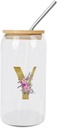 Glass Cups with Bamboo Lids And Straw 16 Oz, Wood Grain Purple Floral Initial Letter Y Iced Tea Glasses Drinking Glasses Set Tumbler Glass Can Coffee Cups, Drinking Glassware
