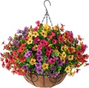 HyeFlora Artificial Faux Hanging Plants Flowers Basket for Summer Outdoor Outside Decoration, Fake Silk UV Sun Resistant Look Real Colorful Daisy Eucalyptus for Porch Home Patio Balcony Yard