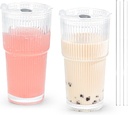20oz Drinking Glass Set of 2 with Straw Lid Ribbed Iced Coffee Tumbler Vintage Glass Cup for Tea Juice Soda Smoothie(Ribbed A*2 with Lid)