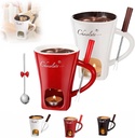 Meltie Cup, Meltiecup, Melting Furnace Ceramic Atmosphere Hot Pot Cup Set of 2, Multifunction Mini Chocolate Sweet Fondue Mug Kit with Forks and Spoon, Ideal Gifts for Birthday Date Night(Red+White)