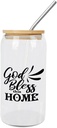 Quotes Glass Cups with Bamboo Lids And Straw 16 Oz, God Bless This Home Iced Tea Glasses Drinking Glasses Set Tumbler Glass Can Coffee Cups, Drinking Glassware