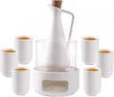 ZENS Sake Set with Warmer, 12 Ounce Embossed Ceramic Sake Bottle 6 Sake Cups and Glass Pot for Hot or Cold Japanese Sake, Sake Carafe Gift Sets with Cotton Towel