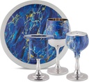 Elegant End of Shabbat Havdalah Set Nickel Plated Blue Marble Decal - Includes Matching Kiddush Cup Goblet and Tray, Havdualah Candle Holder, Besamim Spice Box - Shabbos Decorations by Zion Judaica