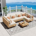 ABCASA Patio Furniture Set, 110" Large 7-Piece Wicker Outdoor Patio Furniture Sets with Coffee Table,Boho Patio Conversation Set Sectional Sofa with All-Weather Cushions for Backyard,Porch,Beige