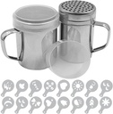 Large Size Powdered Sugar Shaker Duster with Handle, 2pcs Stainless Steel Powder Shakers for Pepper Cinnamon Powder Flour with Printing Molds Stencils - Fine & Large Mesh