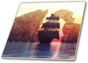 4 Inch Ceramic Tile - A magnificent pirate ship anchored off an island group by the sunset Simone Gatterwe Designs Vehicles
