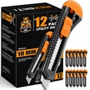 REXBETI 12- Pack Utility Knife, Retratable Box Cutter for Cartons, Cardboard and Box, 18mm Wider Razor Sharp Blade, Smooth Mechanism, Perfect for Office and Home use