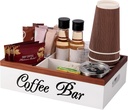 Wooden Coffee Organizer Holder with Divided Sections & Cutout Handle, Farmhouse Coffee Bar Organizer for Pods, Cups, Lids, Syrups, Stirrers & Accessories – Ideal Gift for Home or Office-White