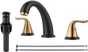Aleasha Bathroom Sink Faucet 3 Holes Black Gold, Widespread Bathroom Faucet, Washroom Faucets with Pop Up Drain, Washroom Sink Faucets with 304 Stainless Steel Lead-Free Hose