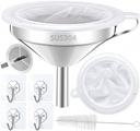 Funnel for Filling Bottles, 5 Inch Food Grade 18/8 Stainless Steel Kitchen Funnel with 200 Mesh Filter Strainer for Fryer Oil Grease Juice Milk Coffee, with 4 Clear Hooks