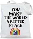 Inspirational Boho Rainbow Tote Bag, You Make the World a Better Place Canvas Tote Bags for Women, Positive Affirmation Gifts Reusable Grocery Shopping Bags