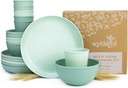 Wheat Straw Dinnerware Sets for 6, Microwave and Dishwasher Safe, Reusable and Durable, Unbreakable Cups, Plates and Bowls Sets, Lightweight Dishes for Kitchen, RV, Camping, Kids, 18-piece Sage