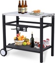 Dining Cart Table with Double-Shelf, Movable Stainless Steel Flattop Worktable, Hooks, Side Handle, Multifunctional for Bar, Patio, Camping, Home